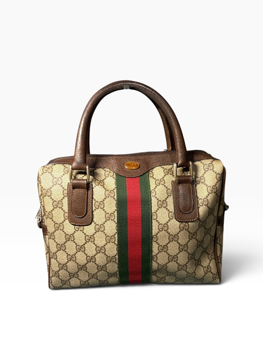Gucci Beige Monogram Canvas Satchel with Red & Green Stripe